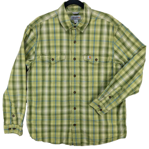Carhartt Plaid Long Sleeve Men's Large Relaxed Fit Green Blue Button Up Casual - Picture 1 of 12